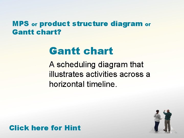 MPS or product structure diagram Gantt chart? or Gantt chart A scheduling diagram that