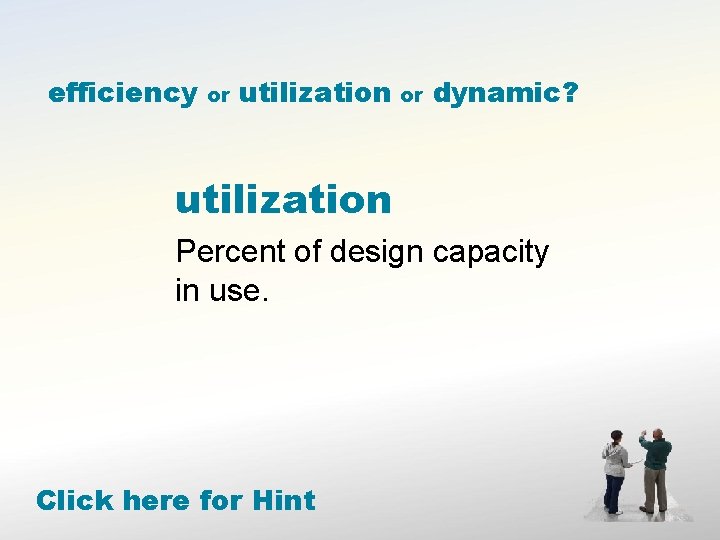 efficiency or utilization or dynamic? utilization Percent of design capacity in use. Click here