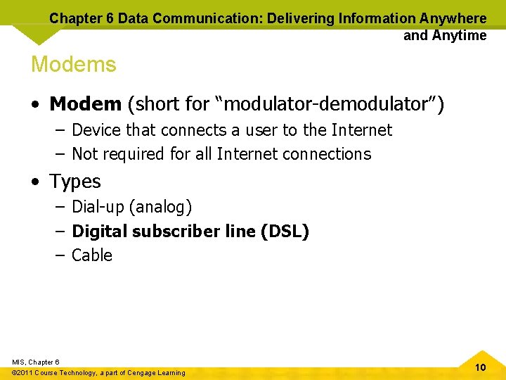 Chapter 6 Data Communication: Delivering Information Anywhere and Anytime Modems • Modem (short for