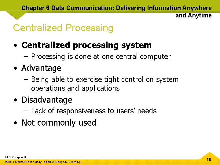 Chapter 6 Data Communication: Delivering Information Anywhere and Anytime Centralized Processing • Centralized processing