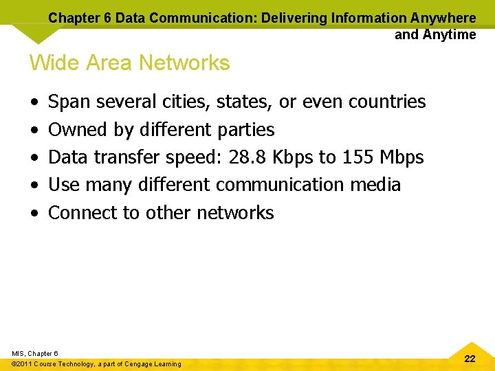 Chapter 6 Data Communication: Delivering Information Anywhere and Anytime Wide Area Networks • •