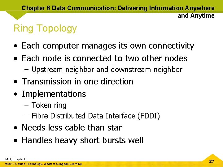 Chapter 6 Data Communication: Delivering Information Anywhere and Anytime Ring Topology • Each computer