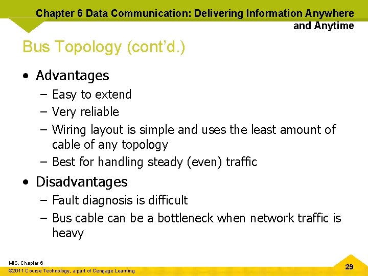 Chapter 6 Data Communication: Delivering Information Anywhere and Anytime Bus Topology (cont’d. ) •