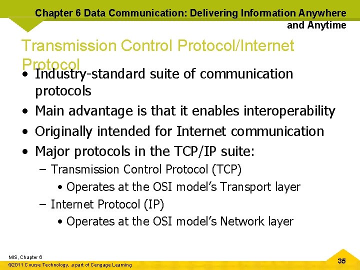 Chapter 6 Data Communication: Delivering Information Anywhere and Anytime Transmission Control Protocol/Internet Protocol •