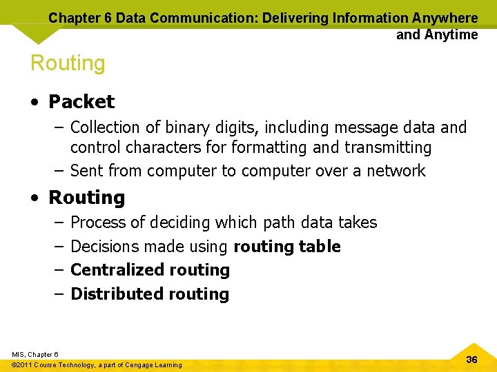 Chapter 6 Data Communication: Delivering Information Anywhere and Anytime Routing • Packet – Collection