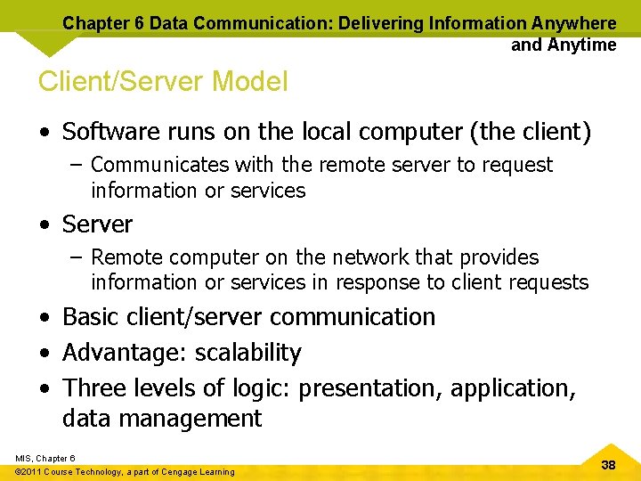 Chapter 6 Data Communication: Delivering Information Anywhere and Anytime Client/Server Model • Software runs