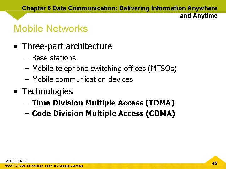 Chapter 6 Data Communication: Delivering Information Anywhere and Anytime Mobile Networks • Three-part architecture