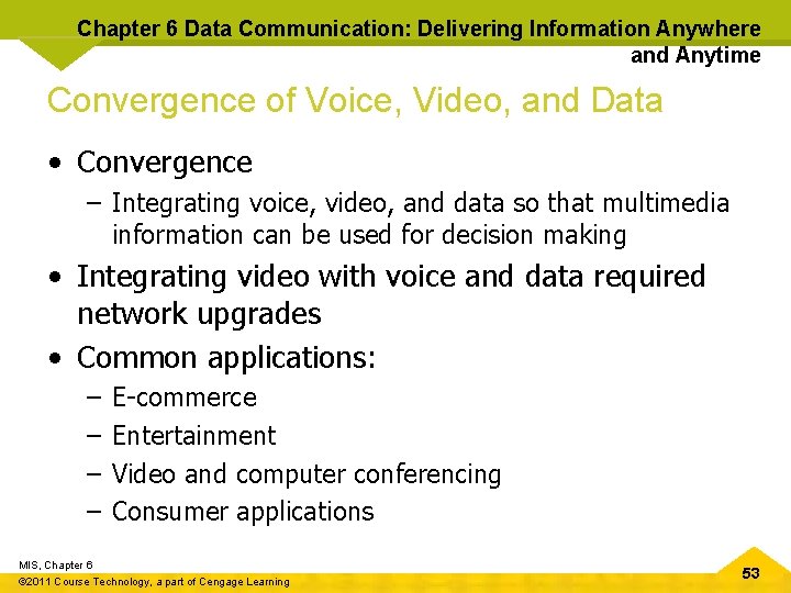 Chapter 6 Data Communication: Delivering Information Anywhere and Anytime Convergence of Voice, Video, and