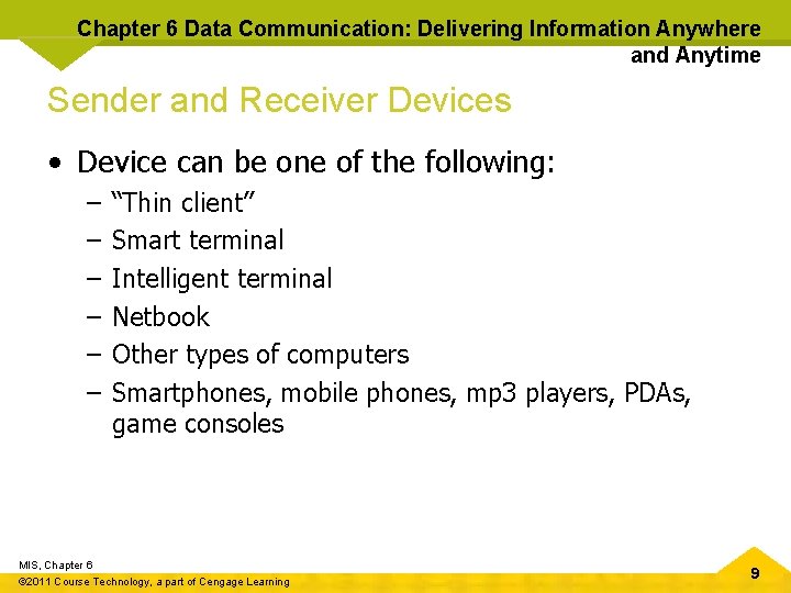 Chapter 6 Data Communication: Delivering Information Anywhere and Anytime Sender and Receiver Devices •