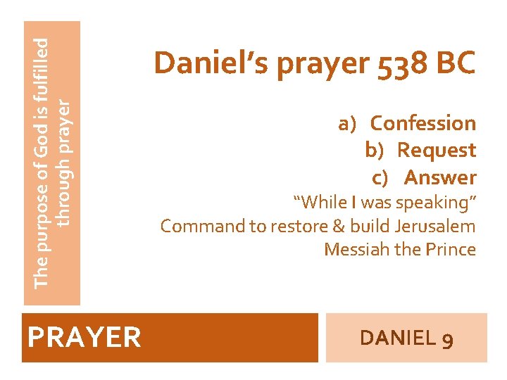 The purpose of God is fulfilled through prayer PRAYER Daniel’s prayer 538 BC a)