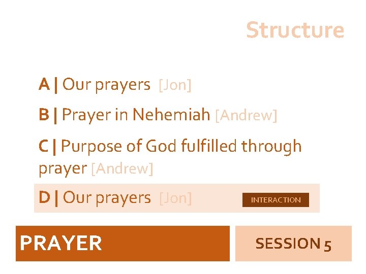 Structure A | Our prayers [Jon] B | Prayer in Nehemiah [Andrew] C |