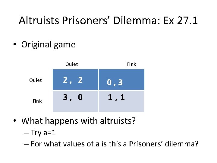 Altruists Prisoners’ Dilemma: Ex 27. 1 • Original game Quiet Fink Quiet 2, 2