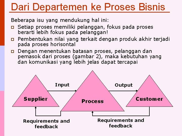 Dari Departemen ke Proses Bisnis Beberapa isu yang mendukung hal ini: p Setiap proses