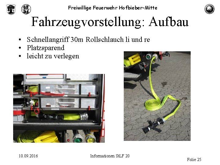 Freiwillige Feuerwehr Hofbieber-Mitte Fahrzeugvorstellung: Aufbau • Schnellangriff 30 m Rollschlauch li und re •