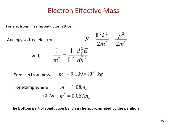 Electron Effective Mass For electrons in semiconductor lattice, Analogy to free electron, and, Free