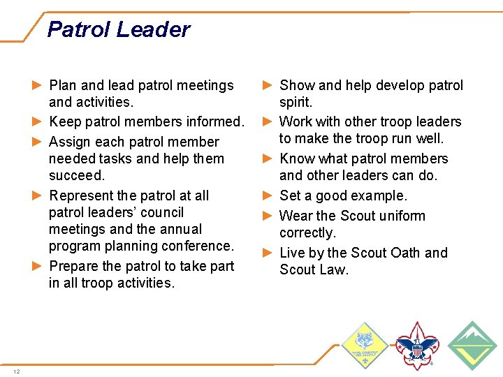 Patrol Leader ► Plan and lead patrol meetings and activities. ► Keep patrol members