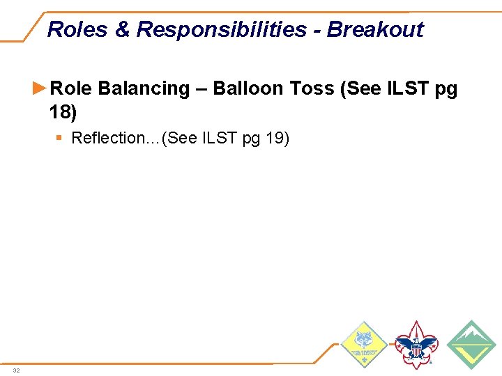 Roles & Responsibilities - Breakout ►Role Balancing – Balloon Toss (See ILST pg 18)