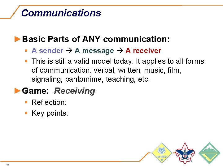 Communications ►Basic Parts of ANY communication: § A sender A message A receiver §