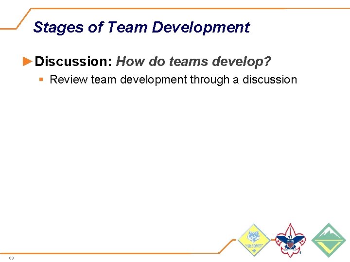 Stages of Team Development ►Discussion: How do teams develop? § Review team development through