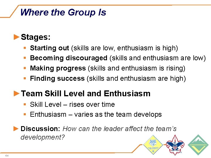 Where the Group Is ►Stages: § § Starting out (skills are low, enthusiasm is