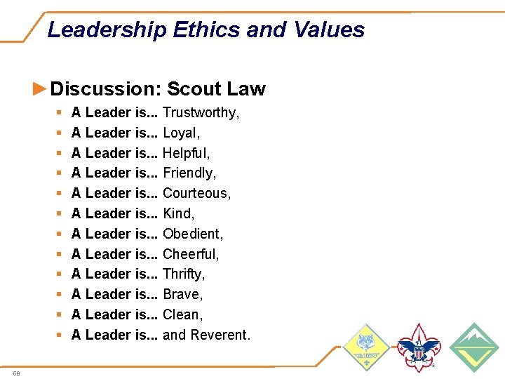 Leadership Ethics and Values ►Discussion: Scout Law § § § 58 A Leader is.