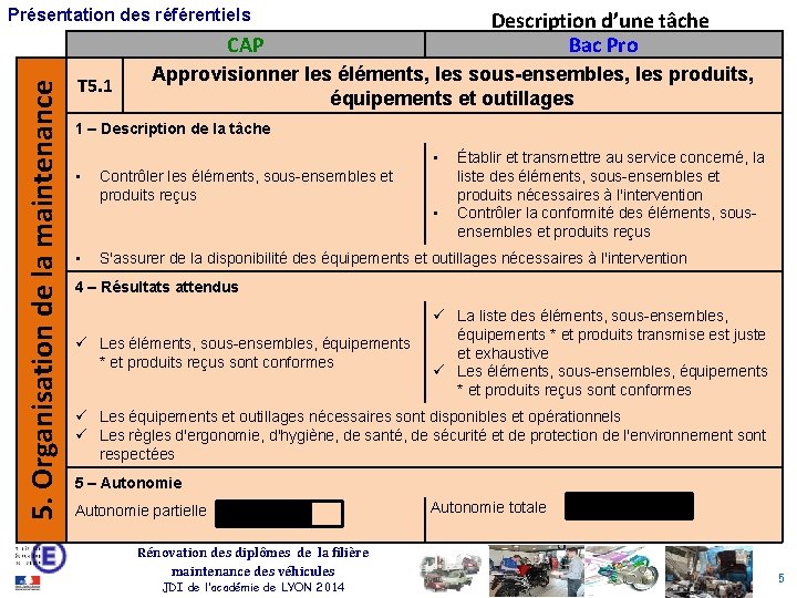 Présentation des référentiels Description d’une tâche Bac Pro 5. Organisation de la maintenance CAP