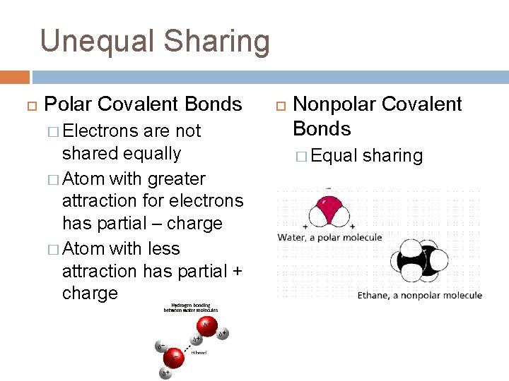 Unequal Sharing Polar Covalent Bonds � Electrons are not shared equally � Atom with