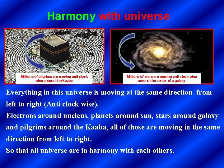 Harmony with universe Millions of pilgrims are moving anti clock wise around the Kaaba