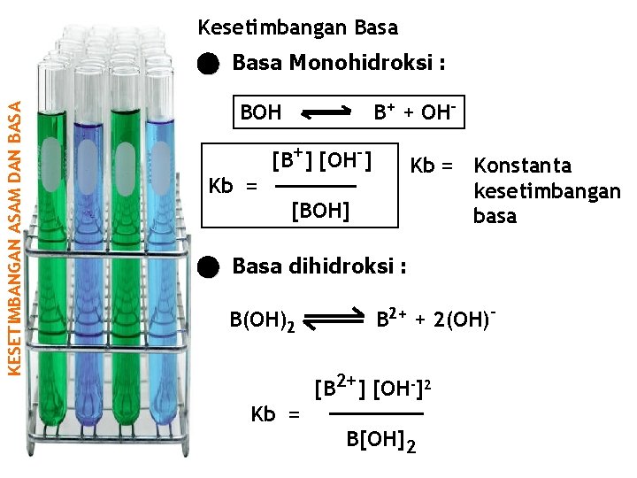Kesetimbangan Basa KESETIMBANGAN ASAM DAN BASA Basa Monohidroksi : B+ + OH- BOH [B+]