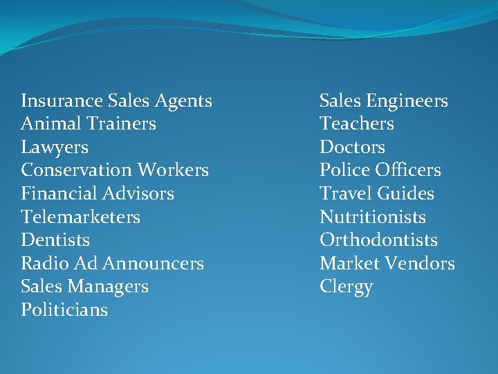 Insurance Sales Agents Animal Trainers Lawyers Conservation Workers Financial Advisors Telemarketers Dentists Radio Ad