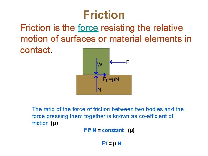 Friction is the force resisting the relative motion of surfaces or material elements in