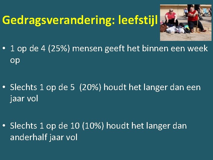 Gedragsverandering: leefstijl • 1 op de 4 (25%) mensen geeft het binnen een week