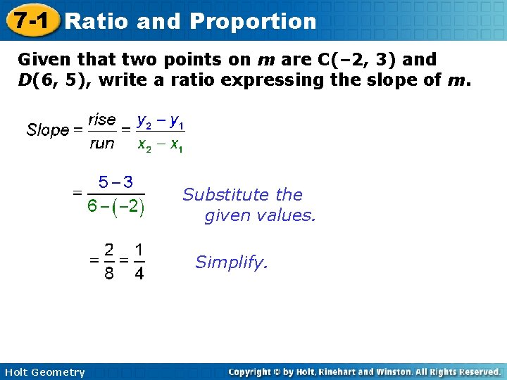 7 -1 Ratio and Proportion Given that two points on m are C(– 2,