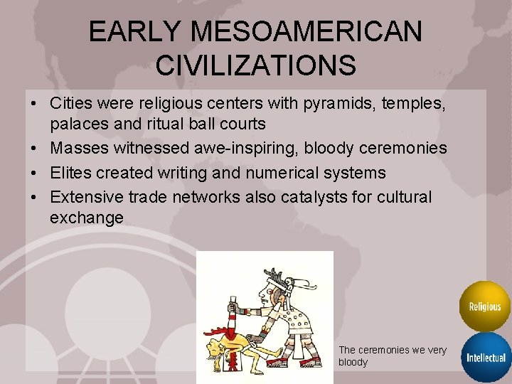 EARLY MESOAMERICAN CIVILIZATIONS • Cities were religious centers with pyramids, temples, palaces and ritual