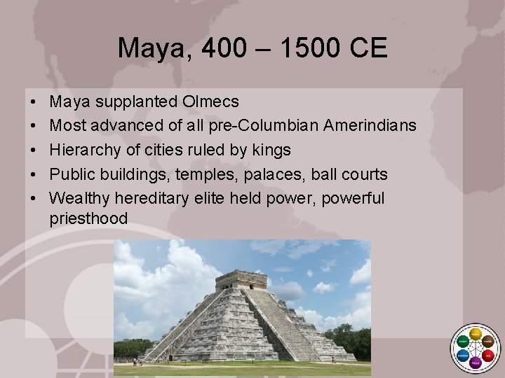 Maya, 400 – 1500 CE • • • Maya supplanted Olmecs Most advanced of
