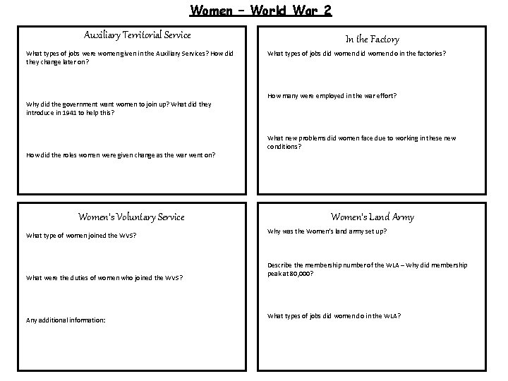 Women – World War 2 Auxiliary Territorial Service What types of jobs were women Women – World War 2 Auxiliary Territorial Service What types of jobs were women