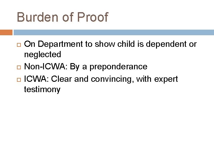 Burden of Proof On Department to show child is dependent or neglected Non-ICWA: By