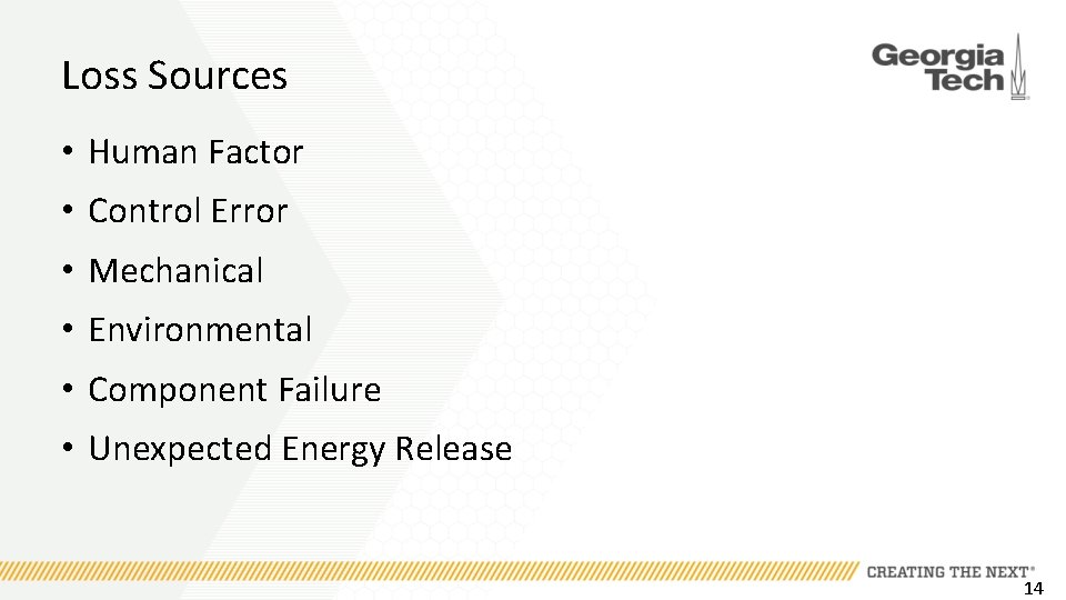 Loss Sources • Human Factor • Control Error • Mechanical • Environmental • Component