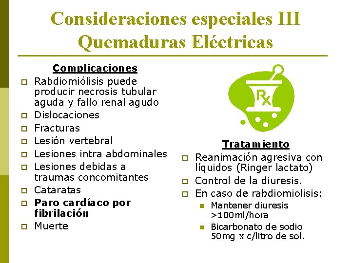 Consideraciones especiales III Quemaduras Eléctricas p p p p p Complicaciones Rabdiomiólisis puede producir