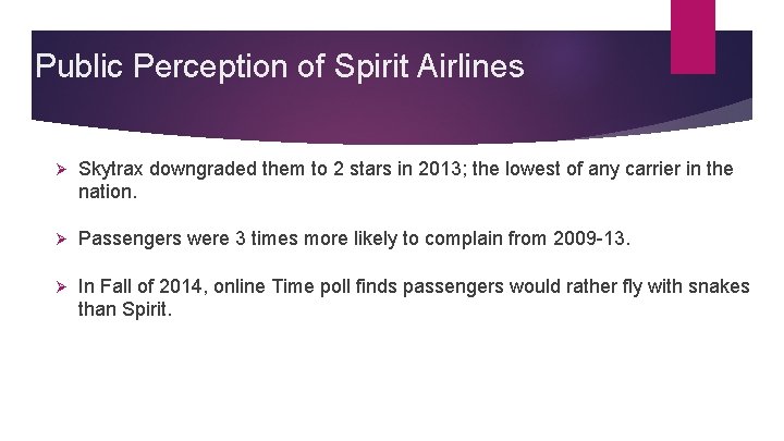 Public Perception of Spirit Airlines Ø Skytrax downgraded them to 2 stars in 2013;