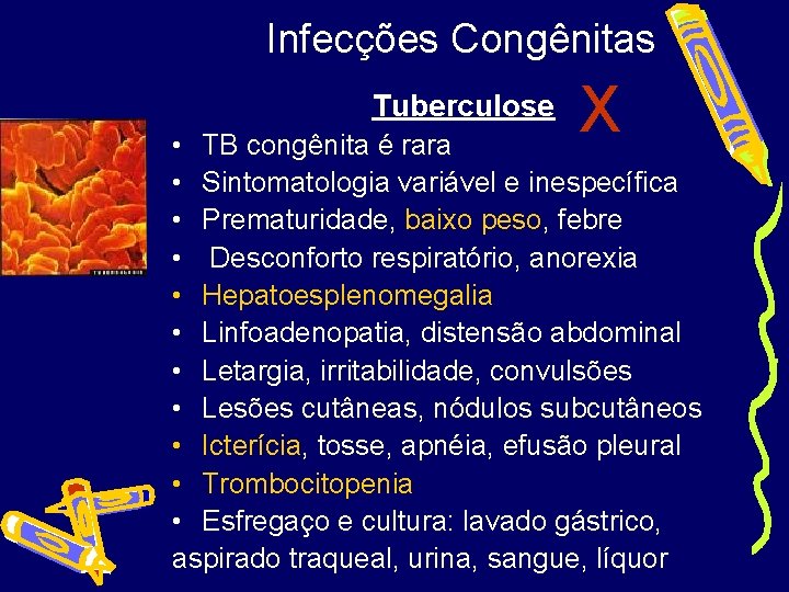 Infecções Congênitas Tuberculose X • TB congênita é rara • Sintomatologia variável e inespecífica