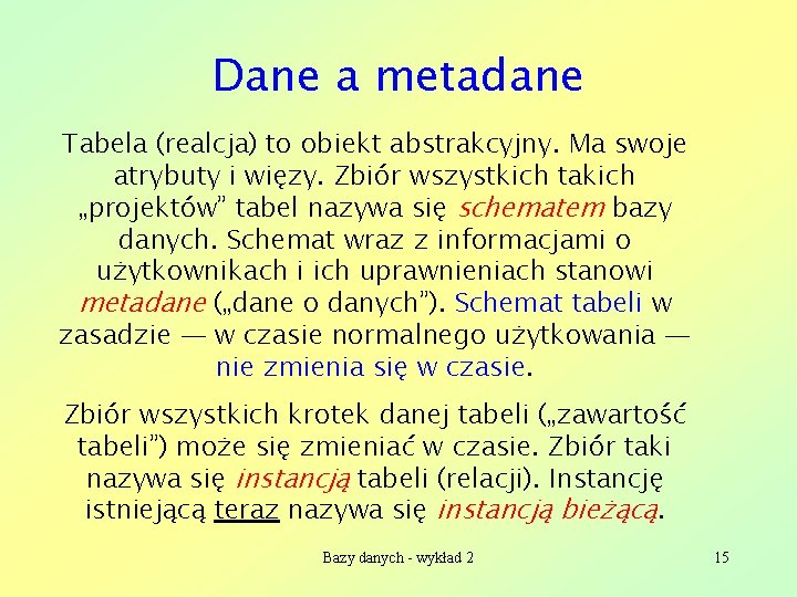 Dane a metadane Tabela (realcja) to obiekt abstrakcyjny. Ma swoje atrybuty i więzy. Zbiór