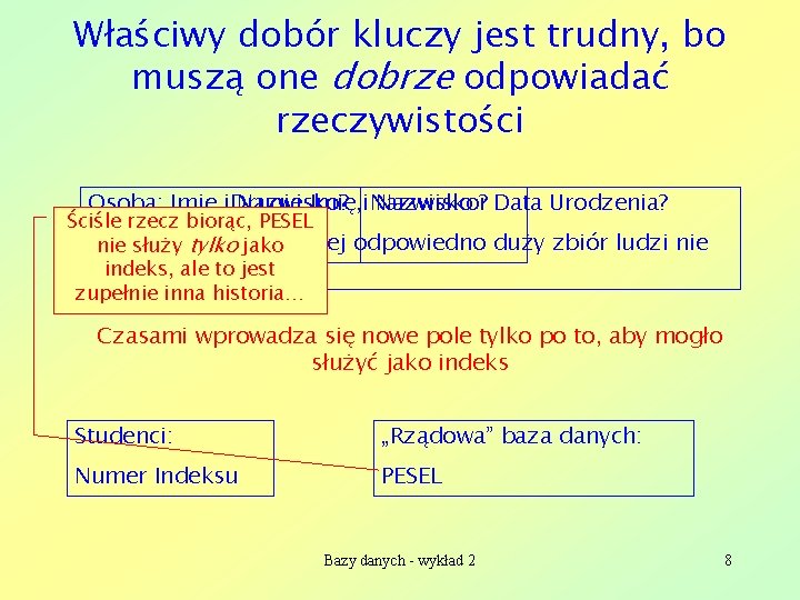 Właściwy dobór kluczy jest trudny, bo muszą one dobrze odpowiadać rzeczywistości Osoba: Imię, Imię