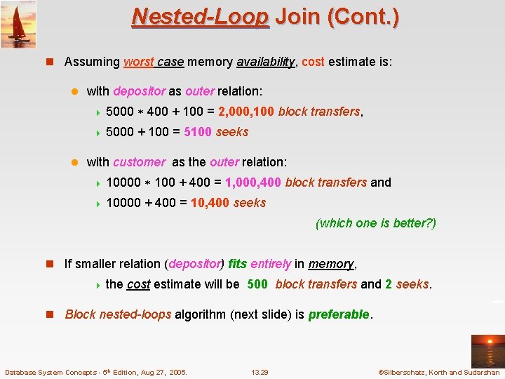 Nested-Loop Join (Cont. ) n Assuming worst case memory availability, cost estimate is: l