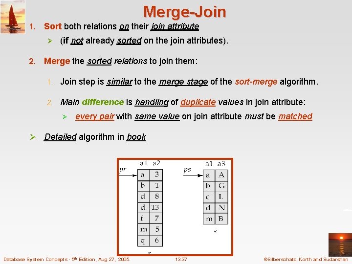 Merge-Join 1. Sort both relations on their join attribute Ø (if not already sorted