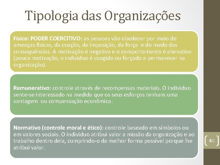 Tipologia das Organizações Físico: PODER COERCITIVO: as pessoas vão obedecer por meio de ameaças