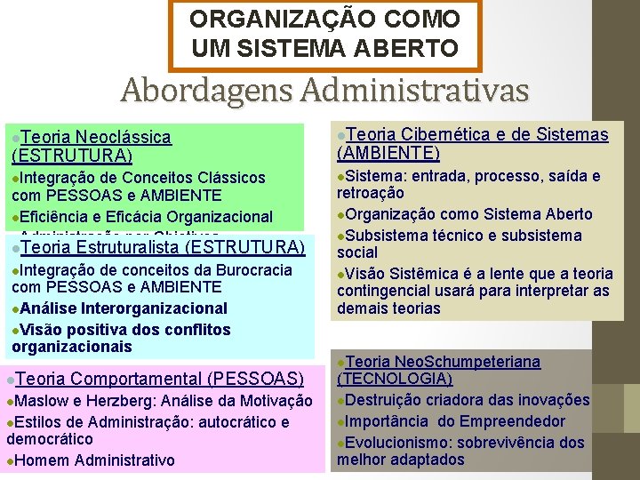 ORGANIZAÇÃO COMO UM SISTEMA ABERTO Abordagens Administrativas l. Teoria Neoclássica (ESTRUTURA) l. Teoria l.