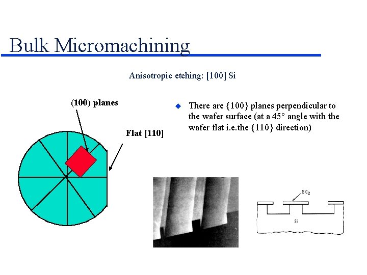 Bulk Micromachining Anisotropic etching: [100] Si (100) planes Flat [110] There are {100} planes