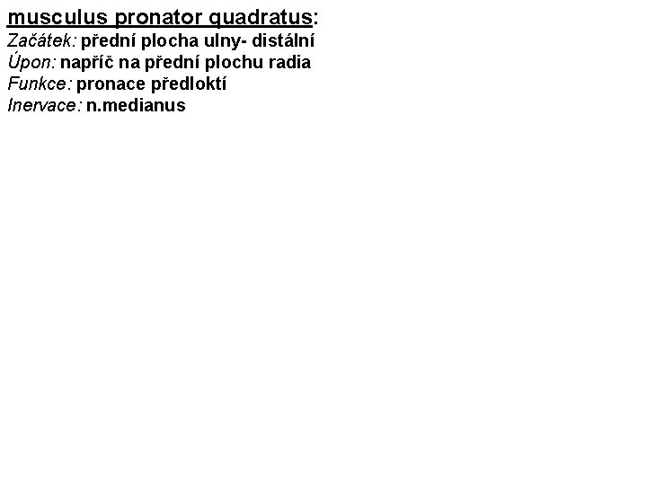 musculus pronator quadratus: Začátek: přední plocha ulny- distální Úpon: napříč na přední plochu radia