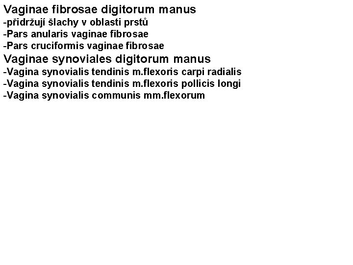 Vaginae fibrosae digitorum manus -přidržují šlachy v oblasti prstů -Pars anularis vaginae fibrosae -Pars